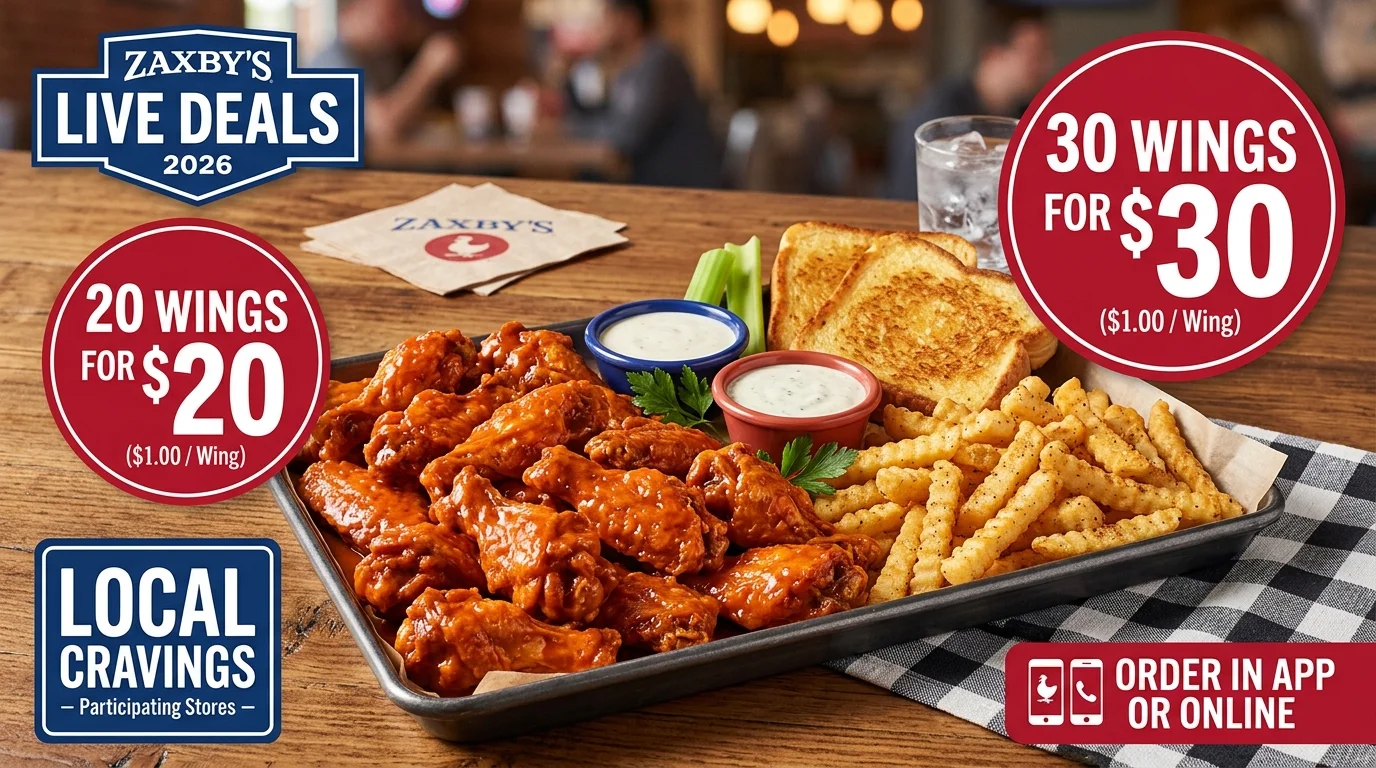 Zaxby's Live Deals 2026 - 20 Wings for $20, 30 Wings for $30, Local Cravings & App Offers