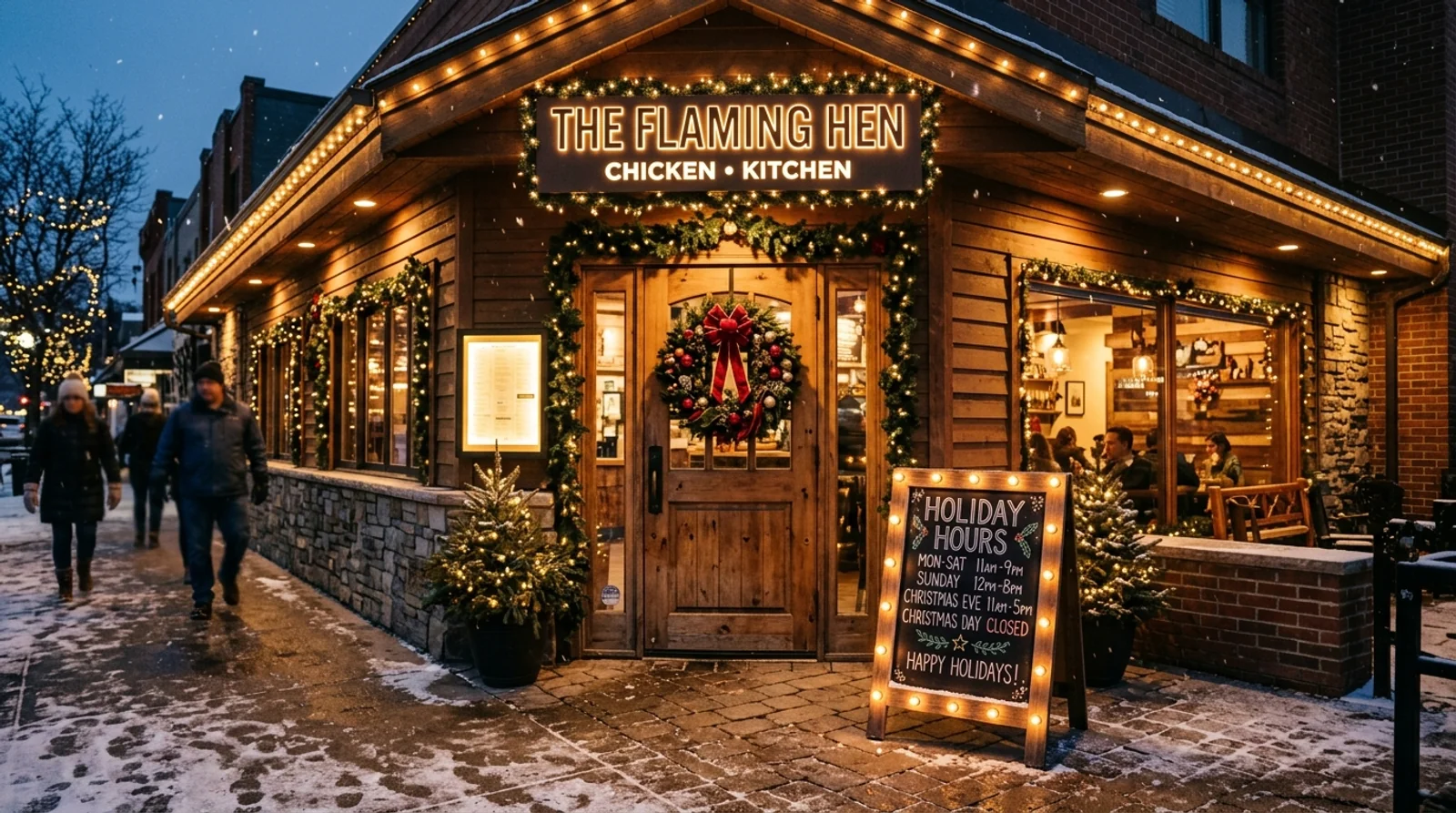 Festive restaurant exterior entrance with holiday wreath and illuminated chalkboard sign showing 'HOLIDAY HOURS'