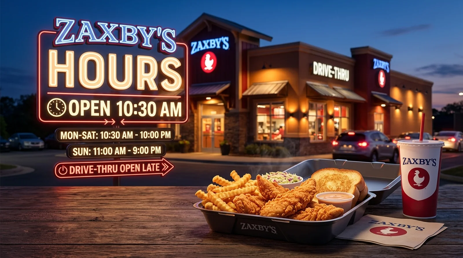 Zaxby's restaurant exterior entrance with illuminated operating hours sign Mon-Sat 10:30 AM - 10:00 PM and hot Chicken Fingerz meal