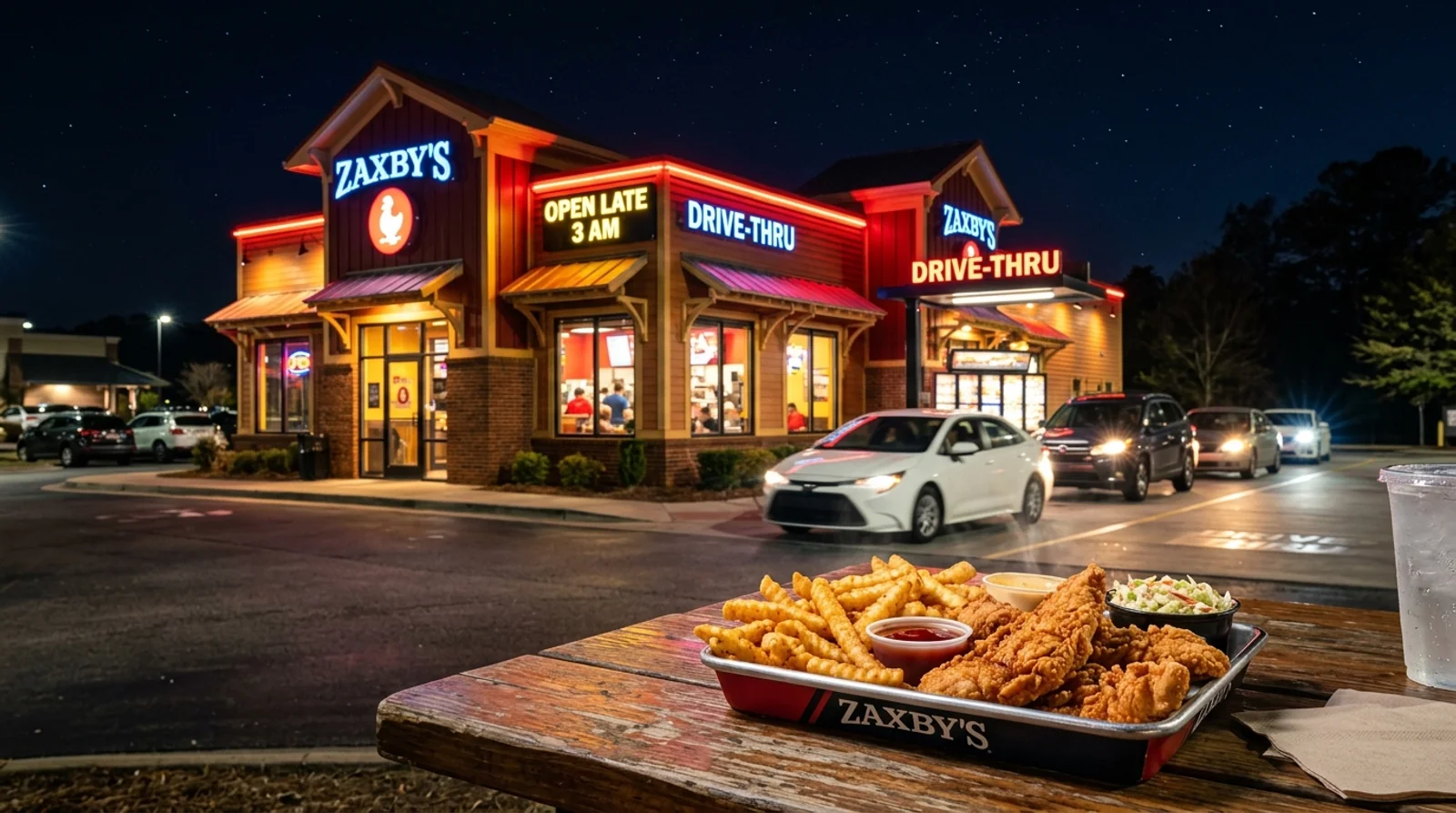 Zaxby's late-night restaurant building with glowing 'OPEN LATE 3 AM' neon signage, drive-thru lane, and hot Chicken Fingerz meal