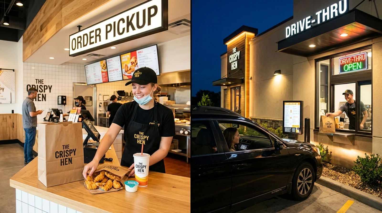Zaxby's restaurant ordering counter, pickup shelf and drive-thru signage