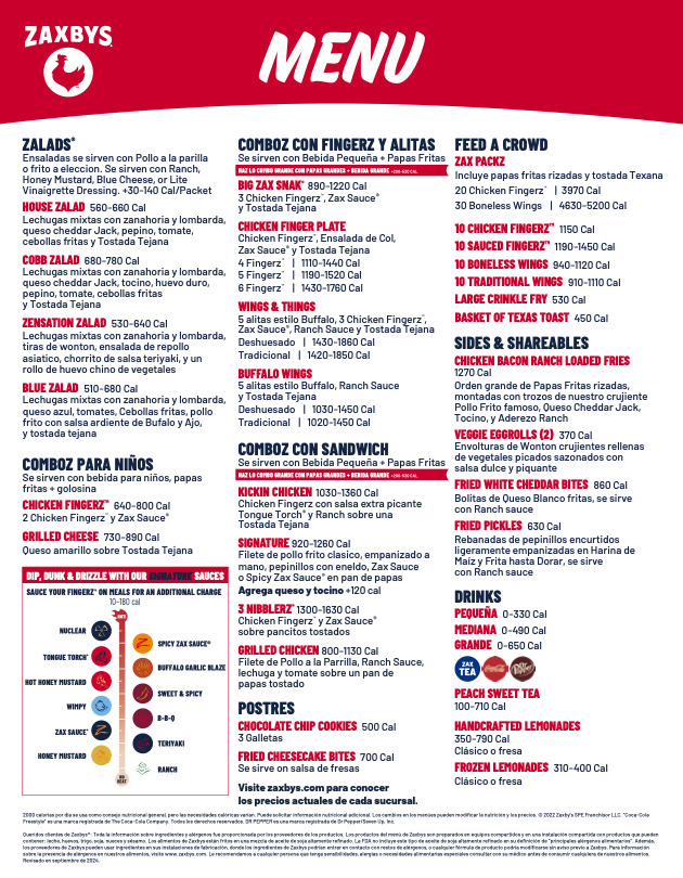 Zaxby's Menu PDF (Prices & Combos) - Page 2 Preview