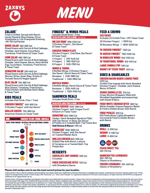 Zaxby's Menu PDF (Prices & Combos) - Page 1 Preview